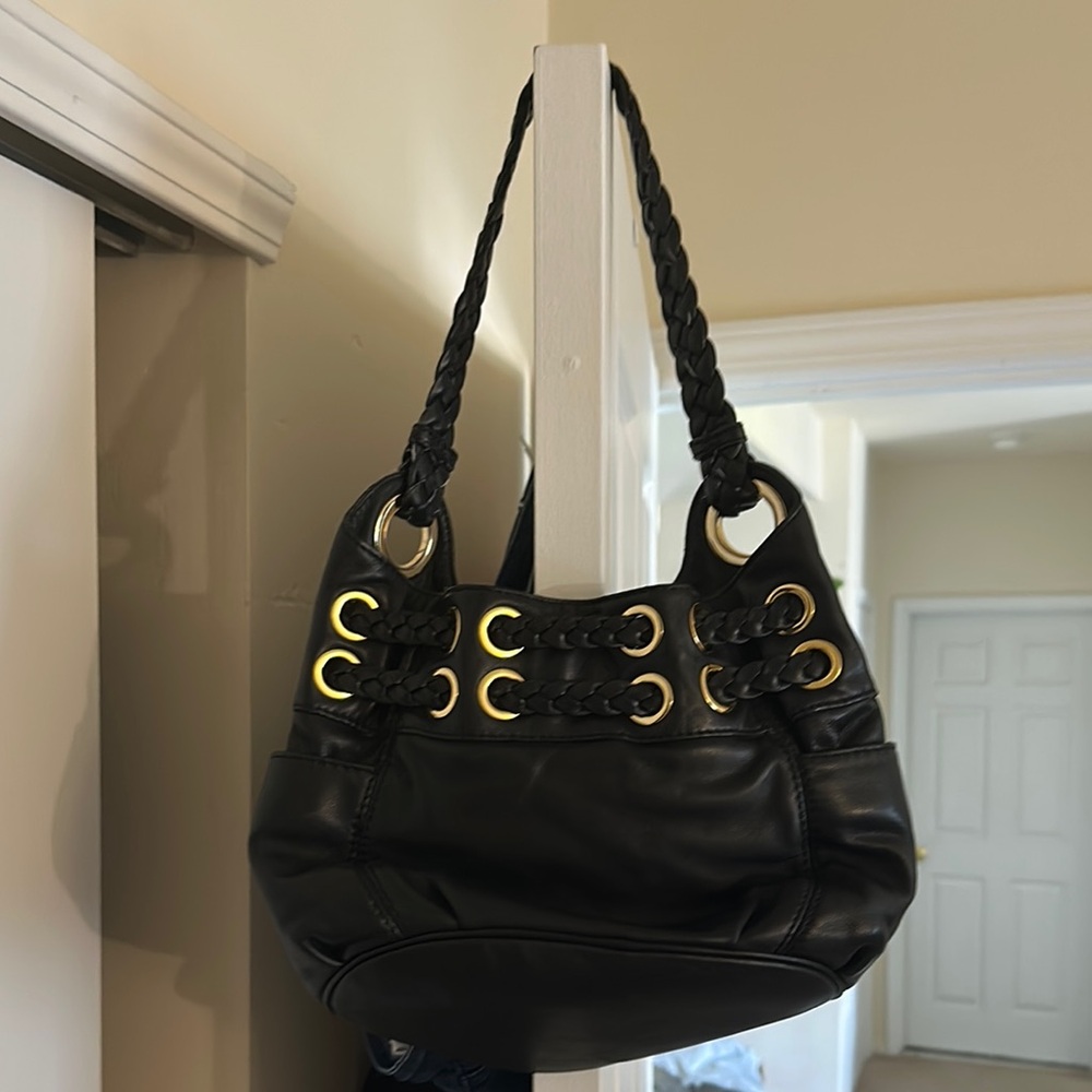 Michael Kore vintage Elegant Black Leather Handbag with Gold hardware